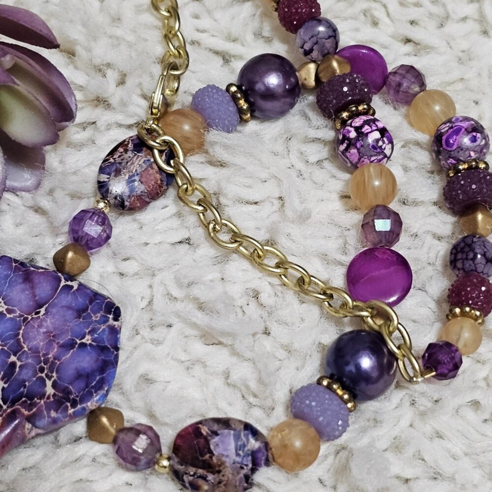 Artisan Necklace Earrings and Bracelet Set Purple Gold Magenta Stone Beads - Picture 5 of 15